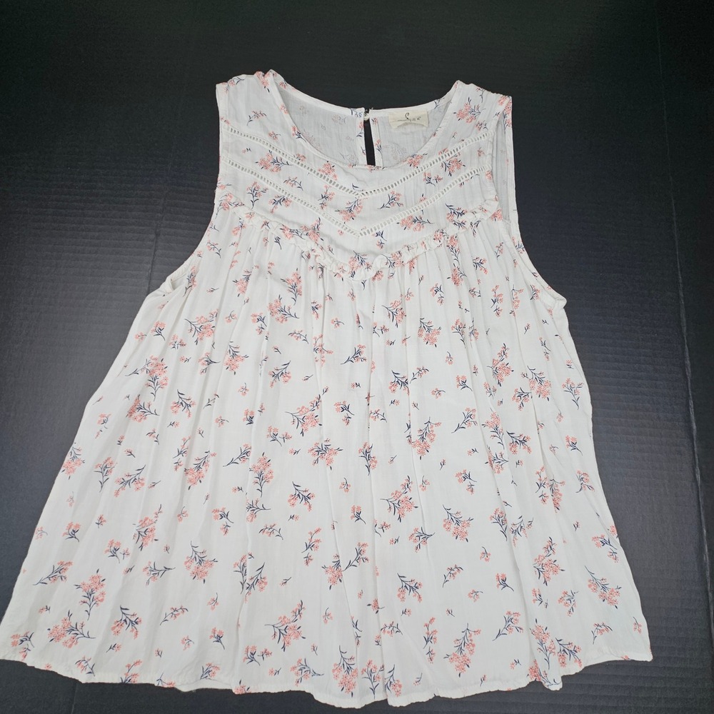 Ember Women White Floral Sleeveless Boho Blouse Crochet Lace Trim Top Large